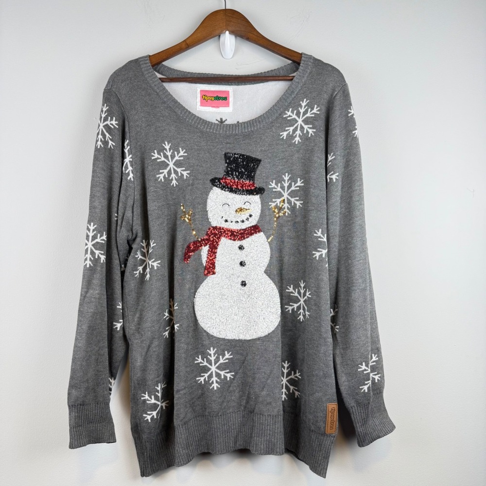 Winter Sequin Snowman Holiday Party Knit Sweater Women XL Gray Snowflake Sparkly